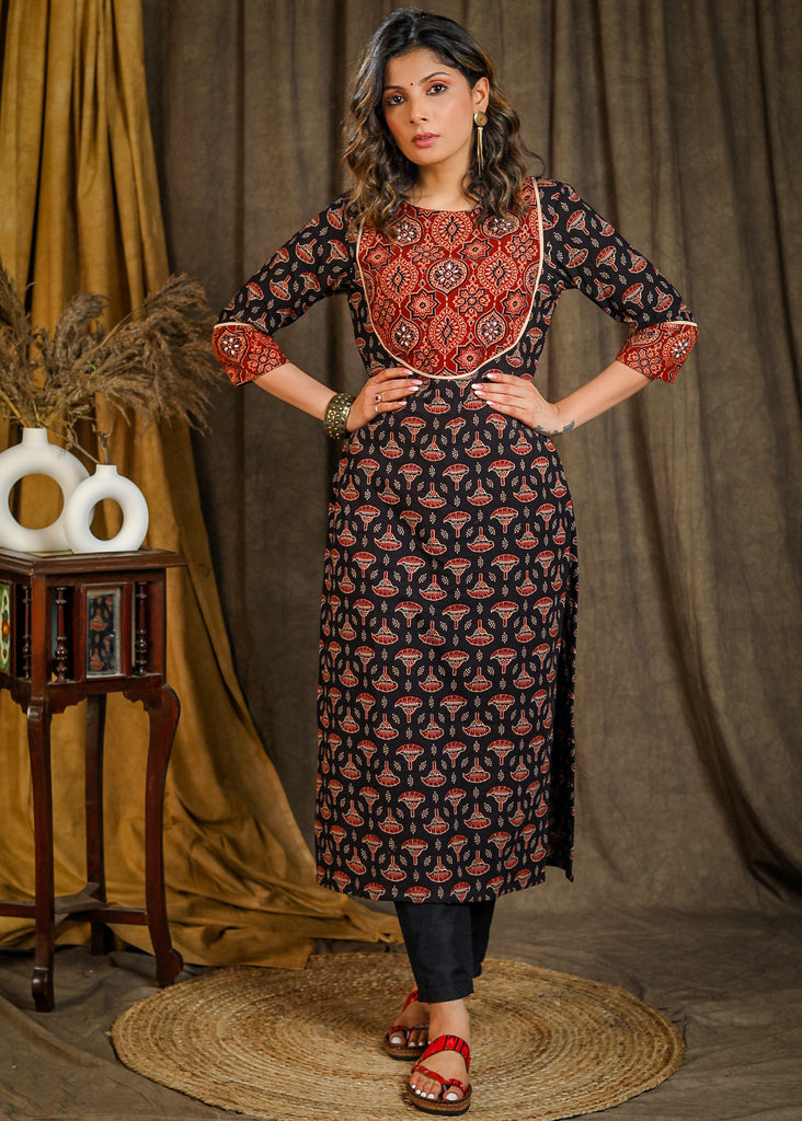 Elegant Cotton Straight Cut Ajrakh Combination Kurta with Beautiful Stonework On Yoke - Pant Optional