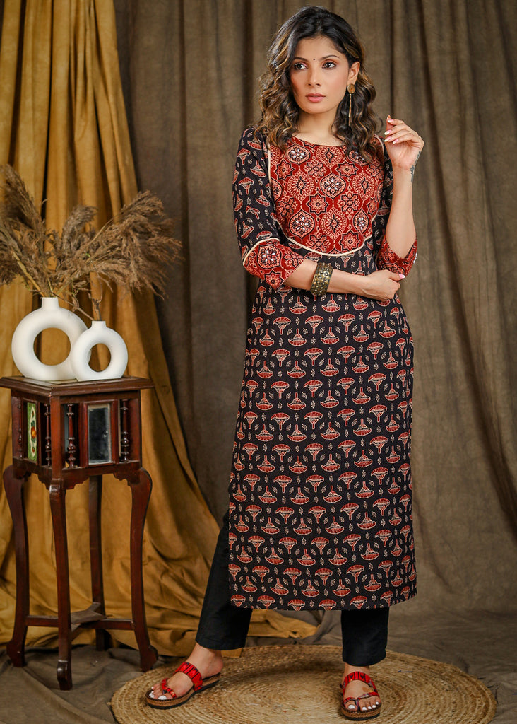Elegant Cotton Straight Cut Ajrakh Combination Kurta with Beautiful Stonework On Yoke - Pant Optional