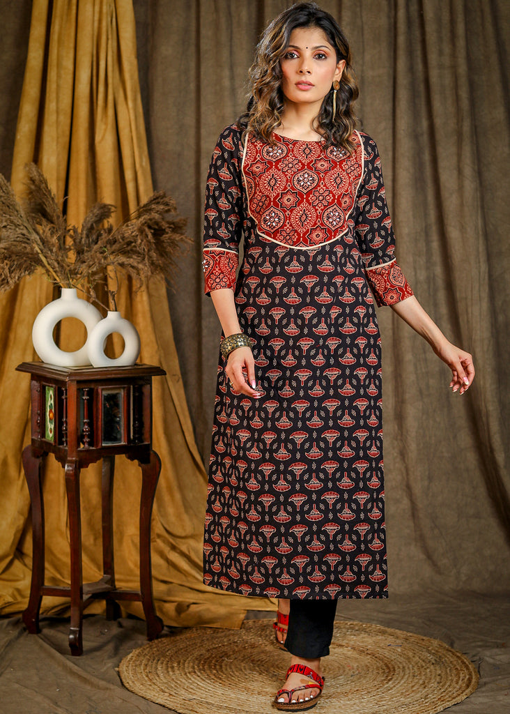 Elegant Cotton Straight Cut Ajrakh Combination Kurta with Beautiful Stonework On Yoke - Pant Optional