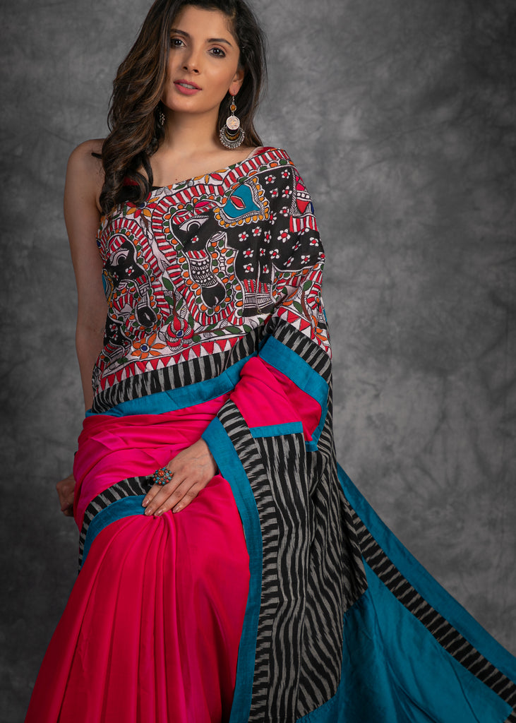 Pink crepe satin saree with ikat & hand painted Madhubani painting