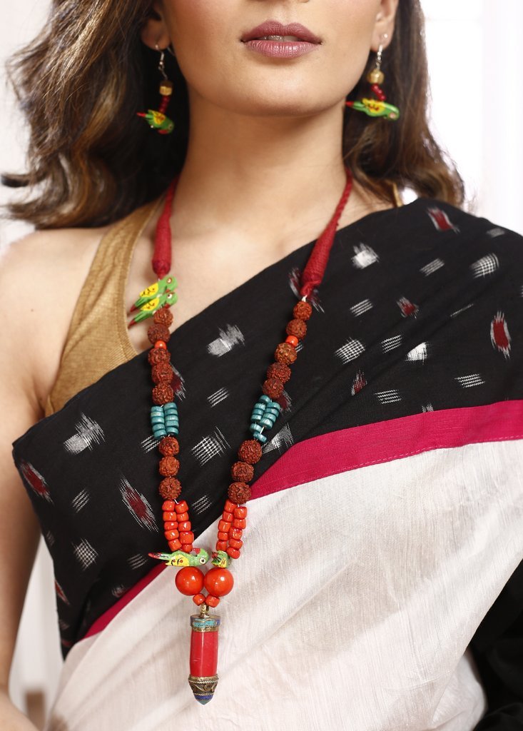 Rudraksha beads combined with multi coloured beads & wooden parrot with Ladakh pendant Necklace - Sujatra