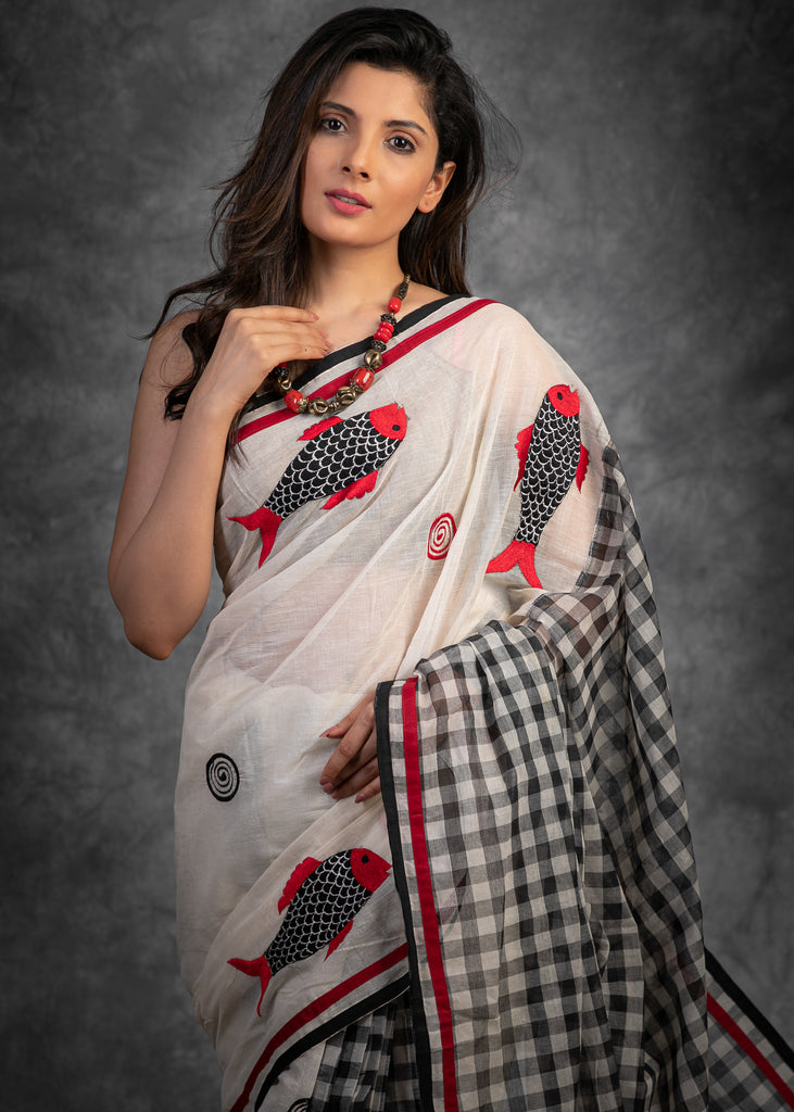 Exclusive fish motifs embroidered bengal handloom cotton saree