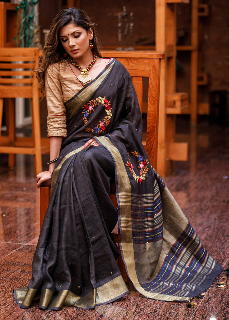 Exclusive black pure linen saree with hand embroidery