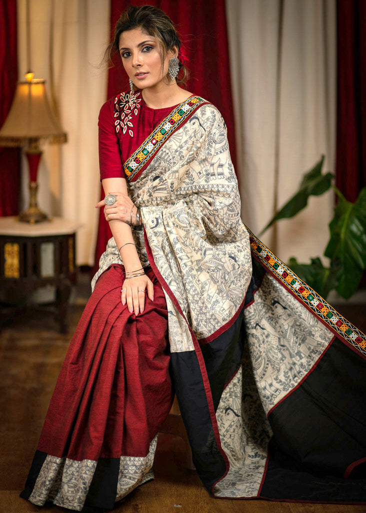 Exclusive Madhubani printed designer saree with kutch mirror work & maroon handloom cotton pleats