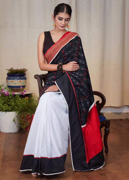 White cotton saree with beautiful black Ikat and Ajrakh border