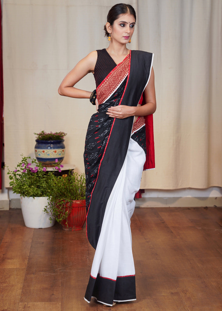 White cotton saree with beautiful black Ikat and Ajrakh border