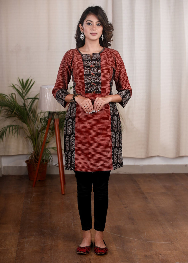 Exclusive Ajrakh paisley printed combination tunic
