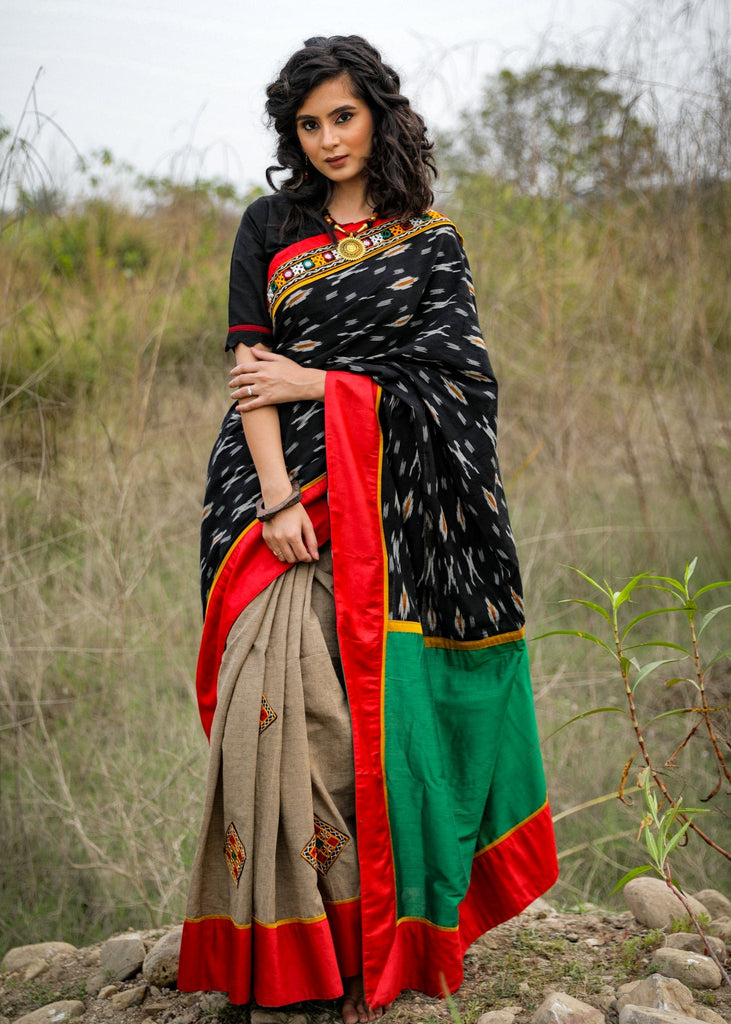Exclusive Black Ikat & Beige Handloom Cotton Saree With Embroidered Kutch Mirror Work Patches