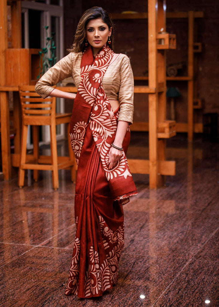 Dark brown pure silk saree with hand batik alpana design