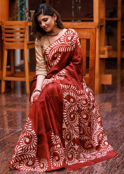 Dark brown pure silk saree with hand batik alpana design