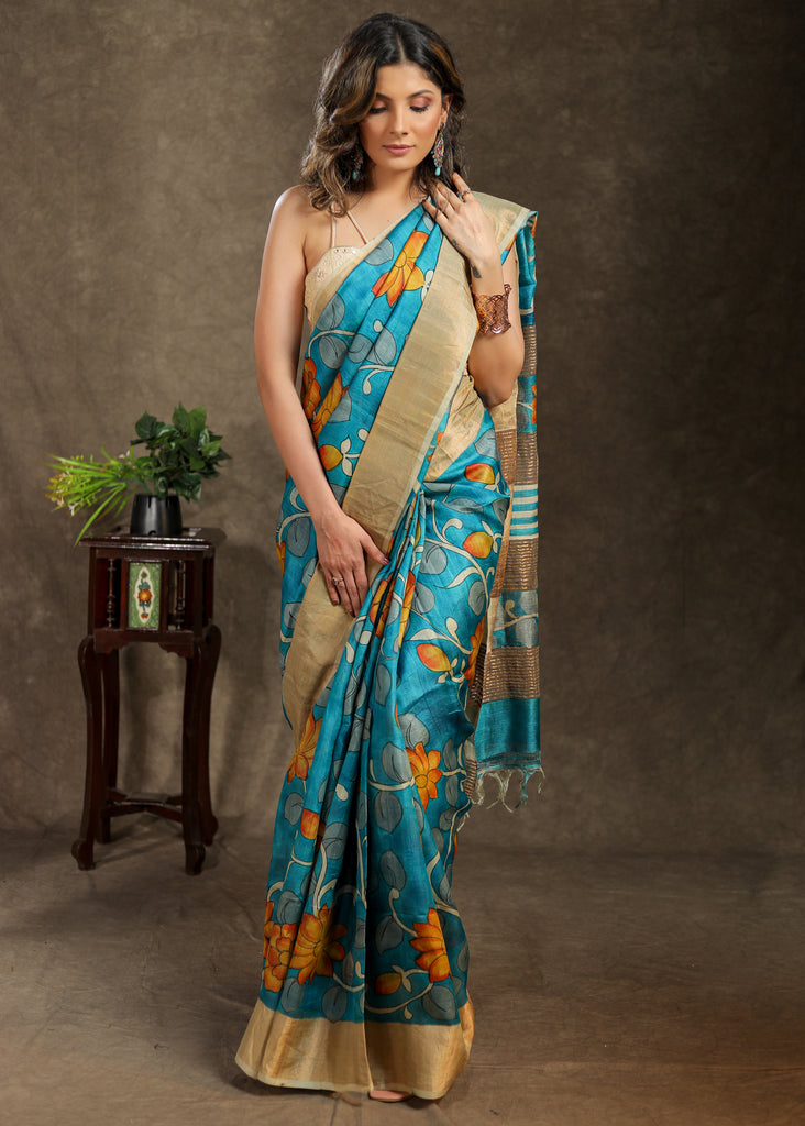 Stylish pure Tussar silk blue saree with Kalamkari design