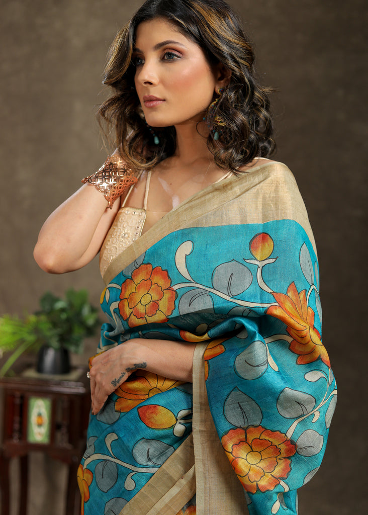 Stylish pure Tussar silk blue saree with Kalamkari design