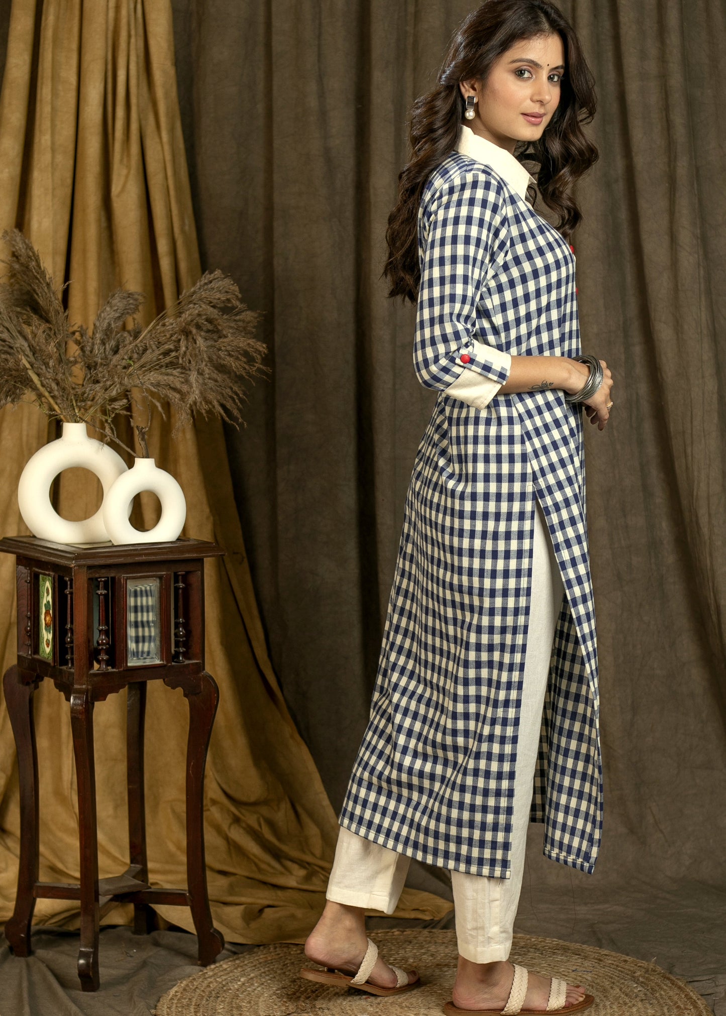 Smart Collared Cotton Checks Pattern Straight Cut Kurta