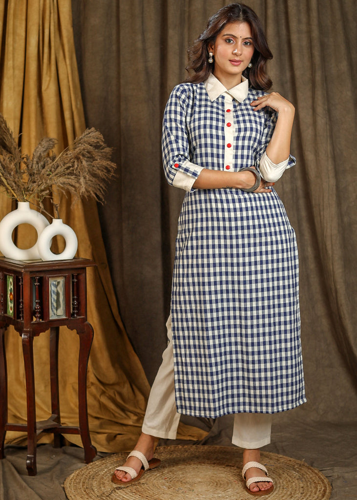 Smart Collared Cotton Checks Pattern Straight Cut Kurta