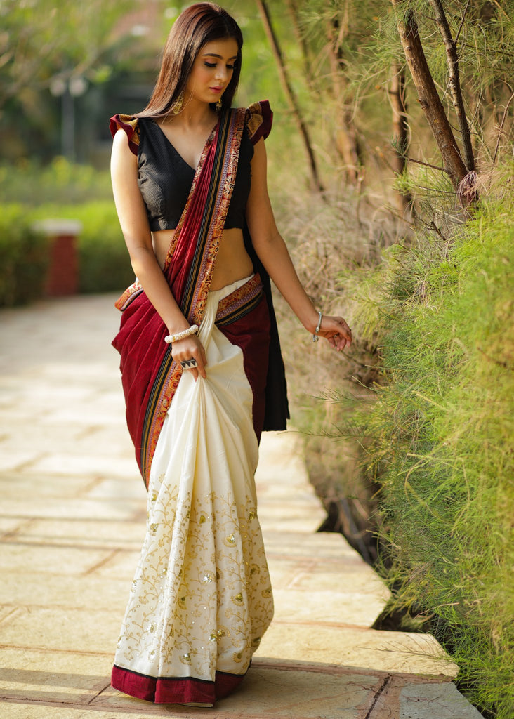 Gorgeous khun & golden embroidery combination saree with benarasi piping - black khun blouse piece