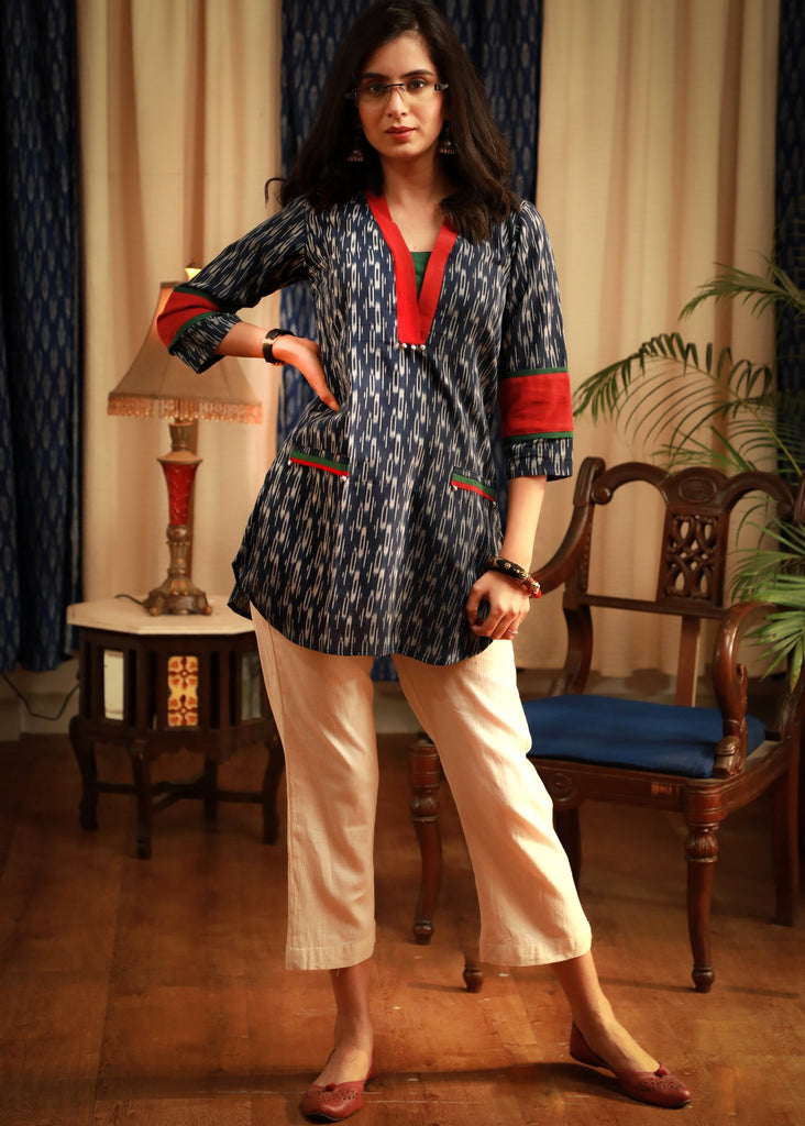 Indigo-blue casual v-collar pure cotton ikat Top
