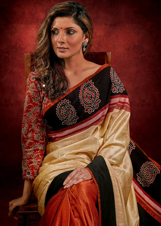 Exclusive Khun & tussar silk combination saree with Ajrakh block printed border