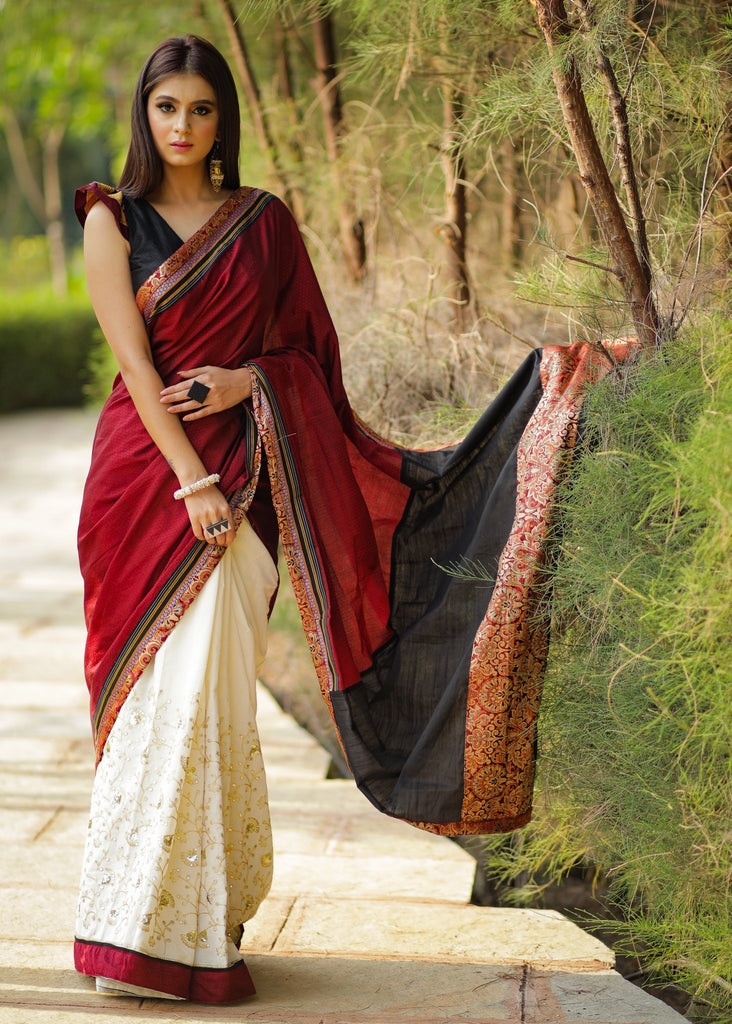 Gorgeous khun & golden embroidery combination saree with benarasi piping - black khun blouse piece