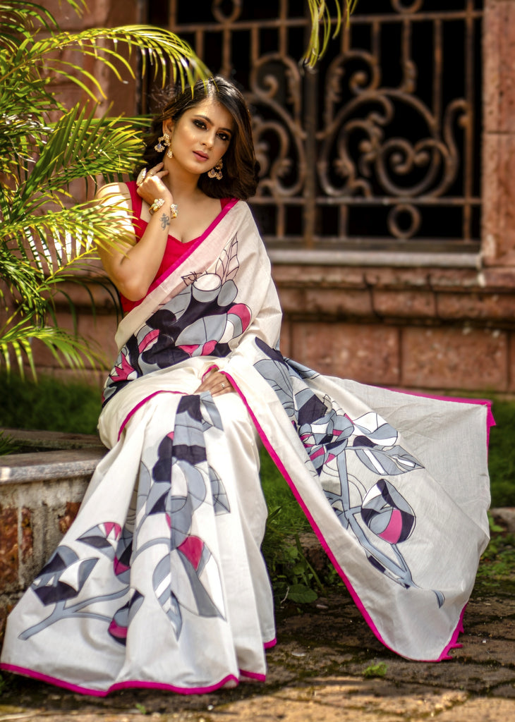 White chanderi saree with exclusive abstract hand painted motifs