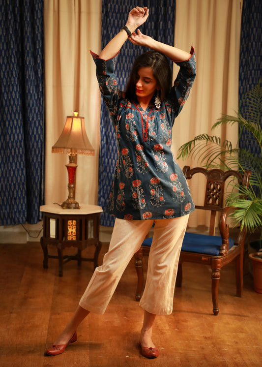 Indigo blue block printed natural color Ajrakh casual top