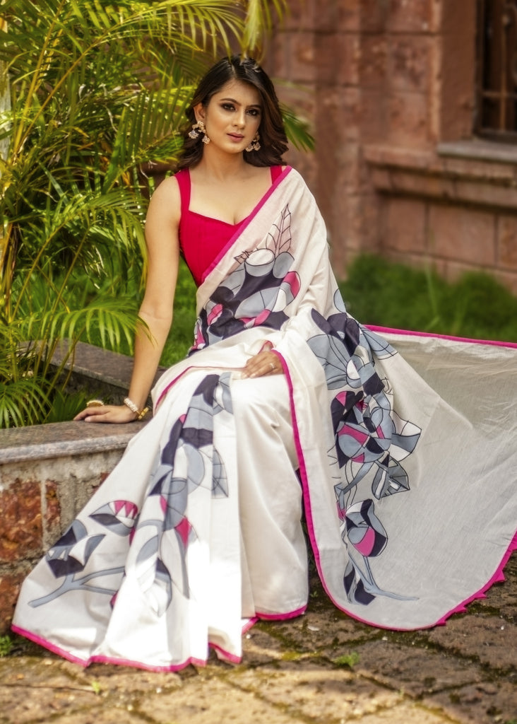 White chanderi saree with exclusive abstract hand painted motifs