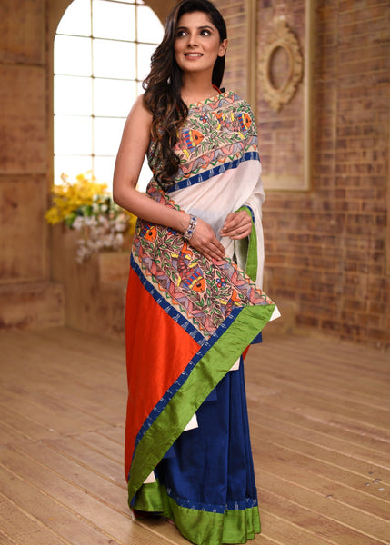 Combination of white chanderi with  blue & orange cotton silk saree with hand painted madhubani border - Sujatra