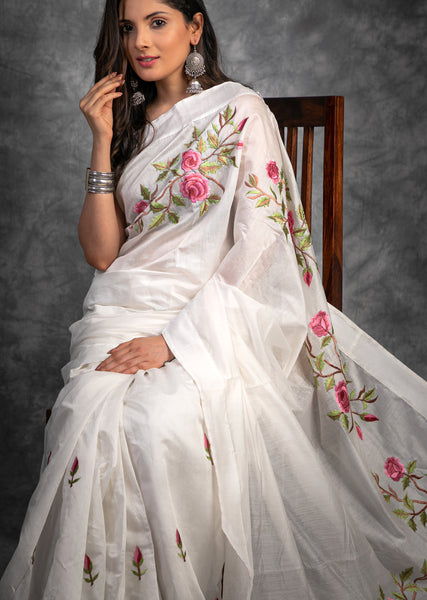 Exclusive embroidered White chanderi saree