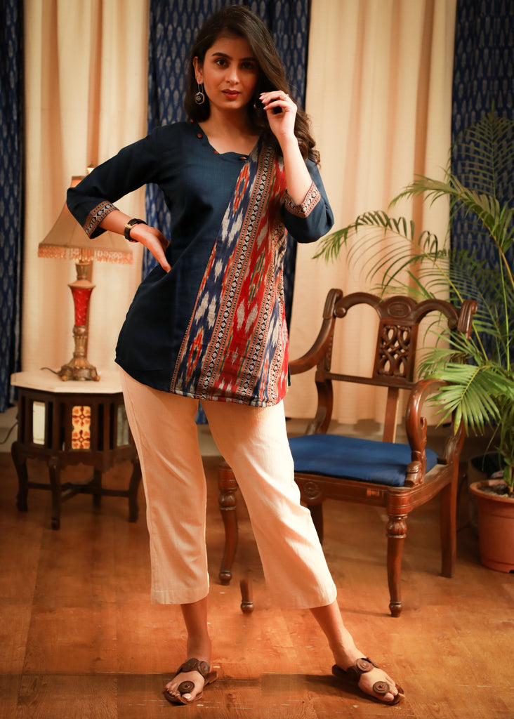 Navy blue pure cotton & Ikat combination casual top