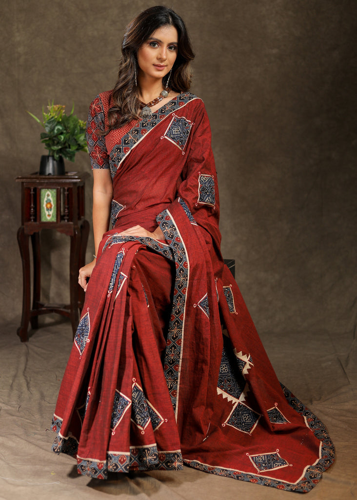Maroon Rayon Saree With Ajrakh Applique Work And Border
