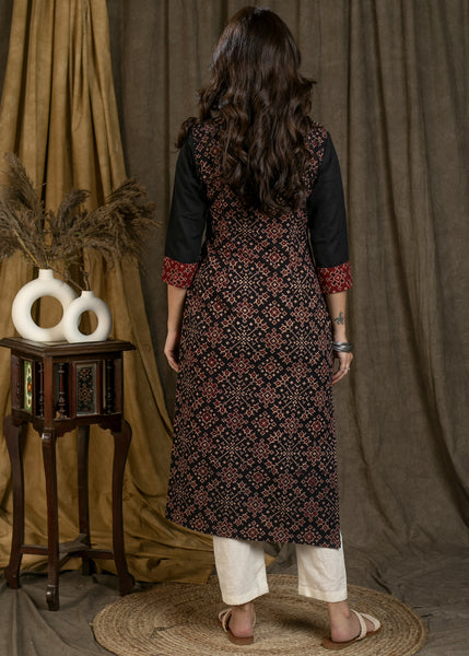 OLIVE AJRAKH PRINT COTTON PATCH WORK STRAIGHT KURTA main image 0