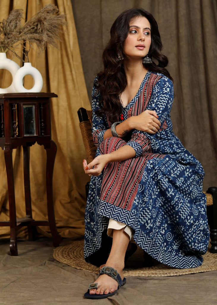 Beautiful Cotton Indigo A -Line Kurta with Striped Ajrakh Combination - Pant Optional
