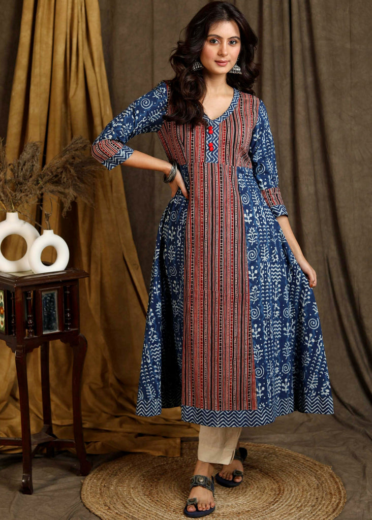 Beautiful Cotton Indigo A -Line Kurta with Striped Ajrakh Combination - Pant Optional