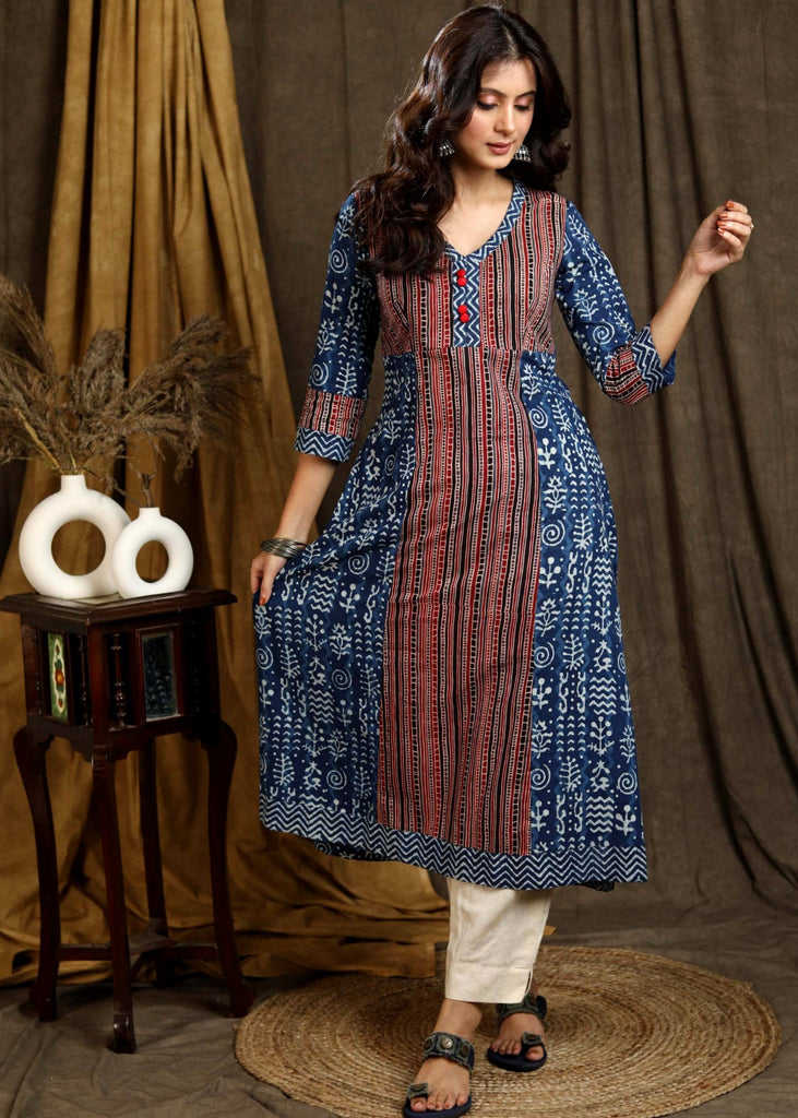 Beautiful Cotton Indigo A -Line Kurta with Striped Ajrakh Combination - Pant Optional