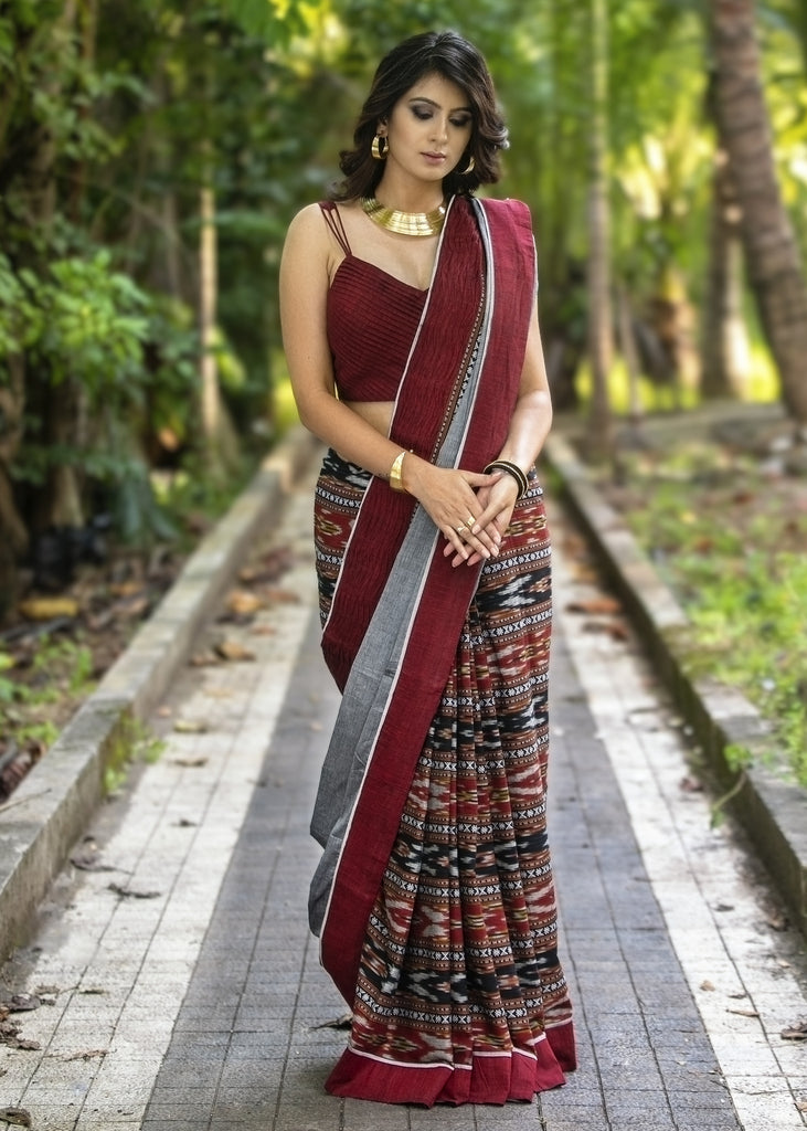 Ikat & grey handloom cotton combination saree with exclusive designer tucks border