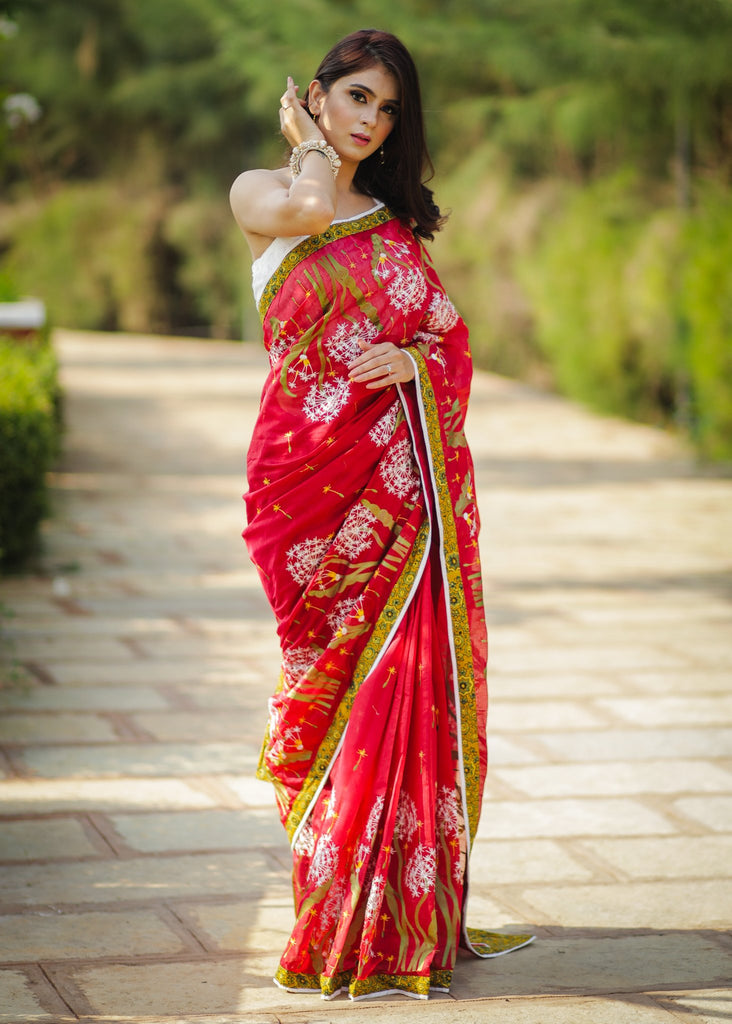 Red chanderi saree with exclusive all over floral embroidery