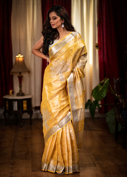 Beige color pure linen cut work & mirrorwork saree