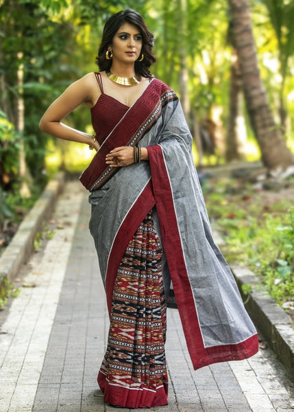 Ikat & grey handloom cotton combination saree with exclusive designer tucks border