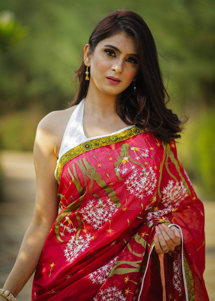 Red chanderi saree with exclusive all over floral embroidery