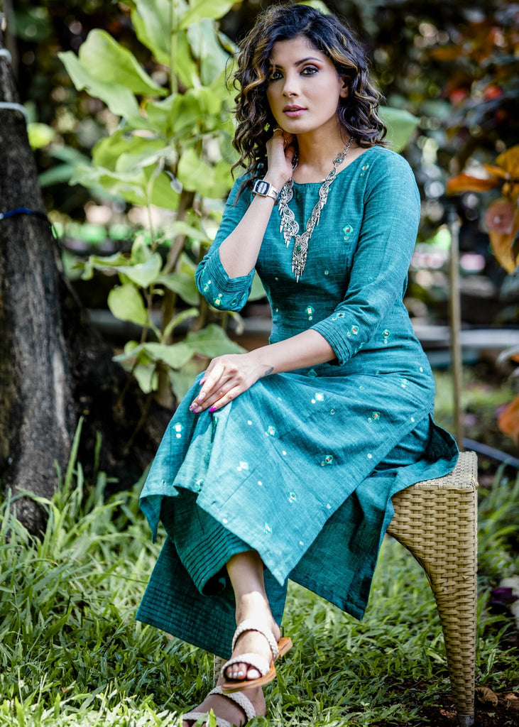 Green handloom cotton princess cut kurti set with mirror work embriodery all over