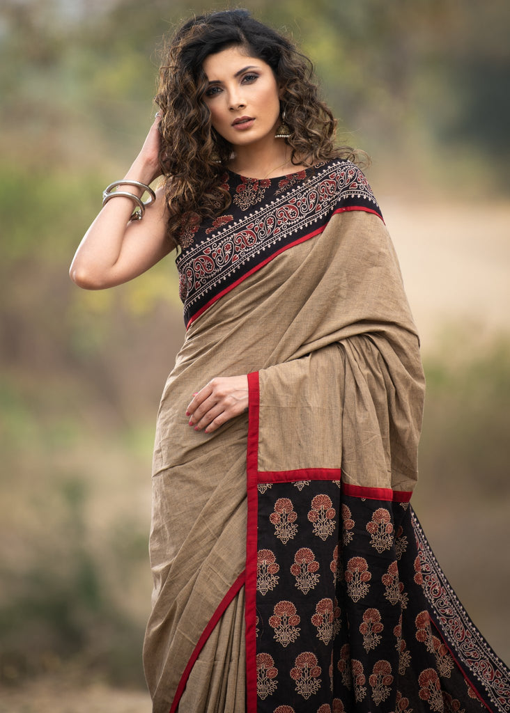 Beige handloom cotton block printed Ajrakh designer saree