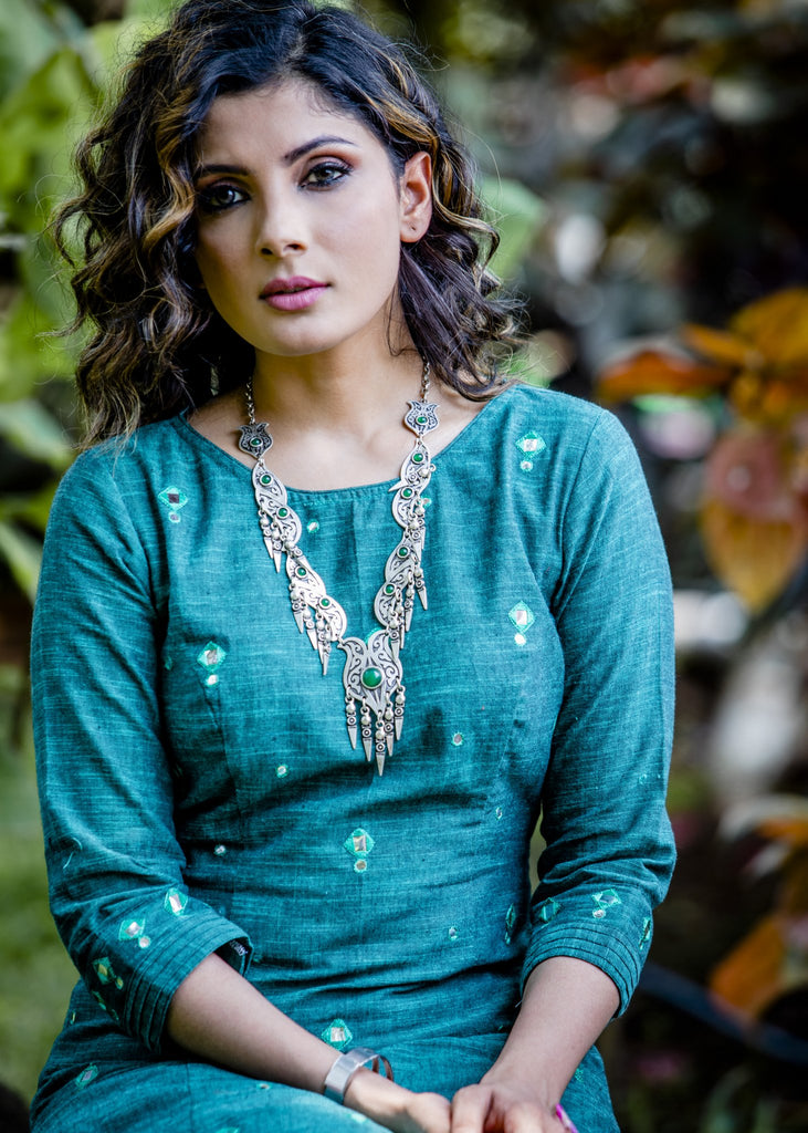 Green handloom cotton princess cut kurti set with mirror work embriodery all over