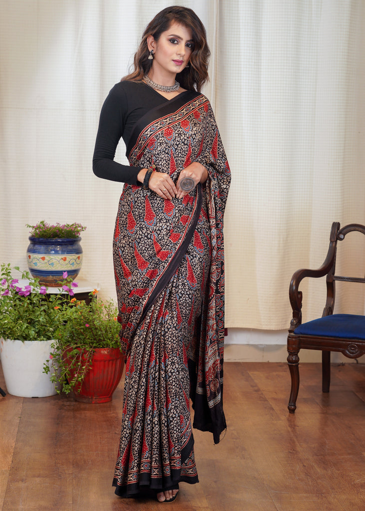 Pure modal silk block printed black designer Ajrakh saree