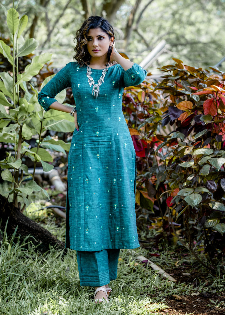 Green handloom cotton princess cut kurti set with mirror work embriodery all over