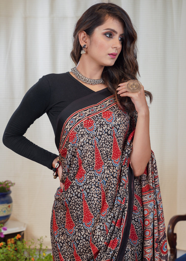 Pure modal silk block printed black designer Ajrakh saree