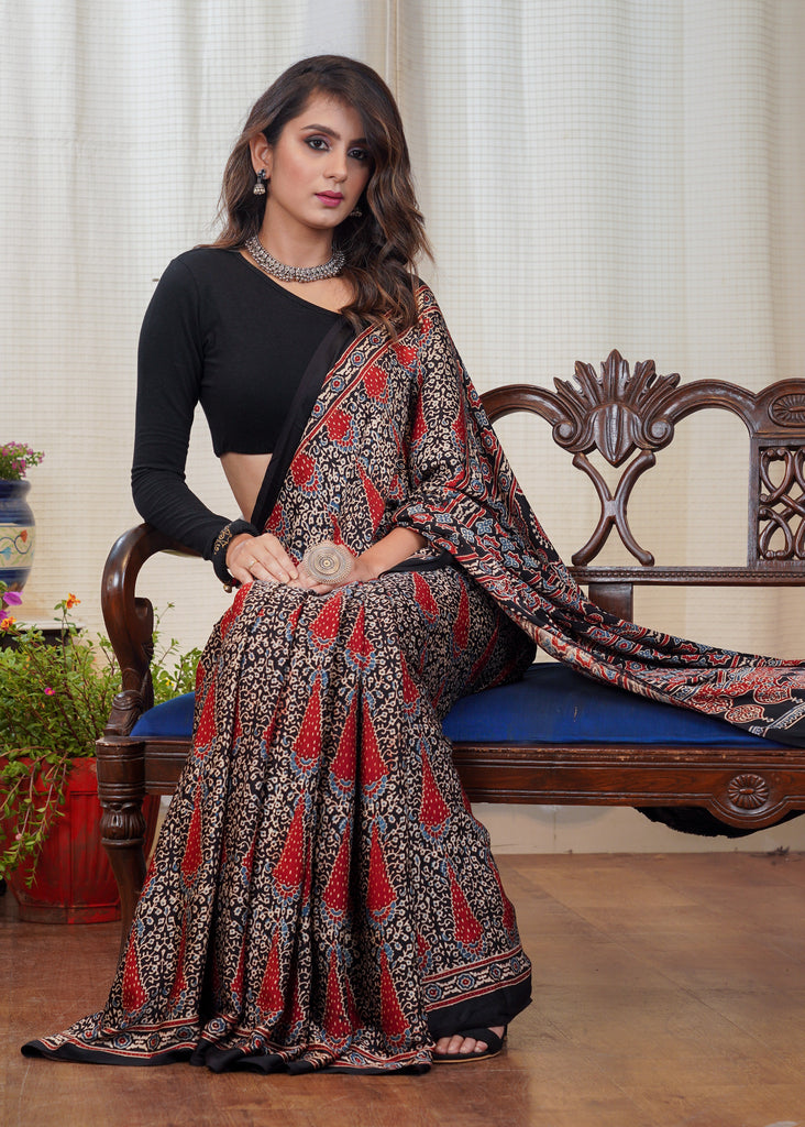 Pure modal silk block printed black designer Ajrakh saree