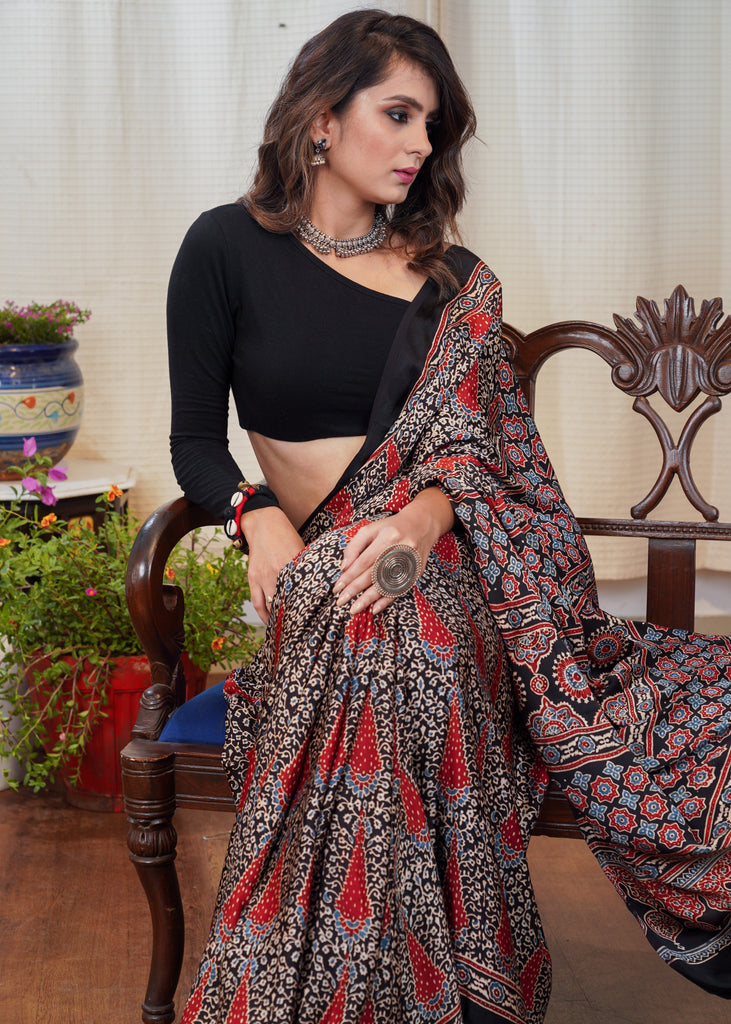 Pure modal silk block printed black designer Ajrakh saree