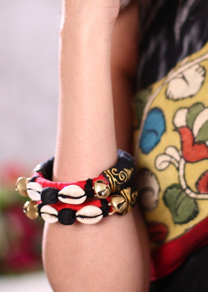 Handmade tribal black & red cowries, ghungroo double bangles - Sujatra