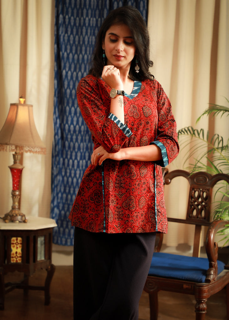Maroon Ajrakh block printed Panel cut casual topwear