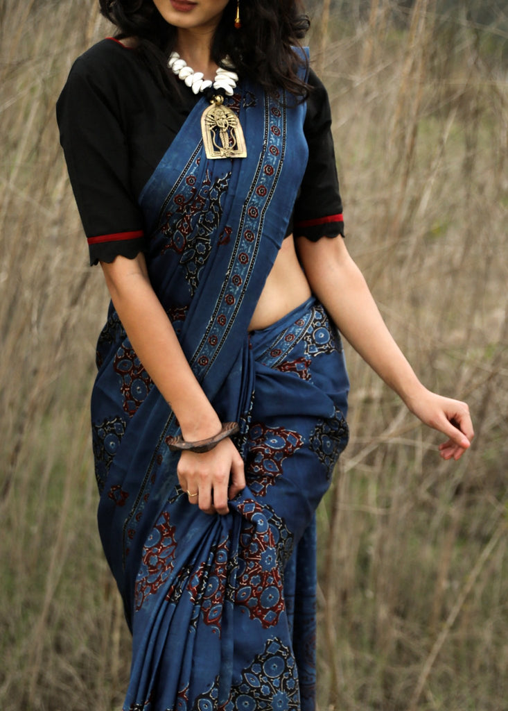 Exclusive pure modal silk block printed midnight blue Ajrakh saree