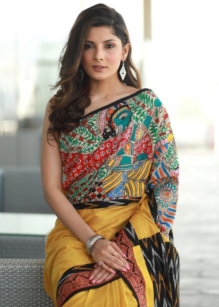 Handloom cotton saree with hand painted madhubani work & ikat pallu